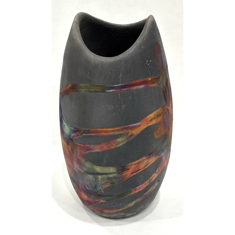RAACUU Studio Pottery Vase Abstract Multicolor Glaze Handcrafted Stamped Base